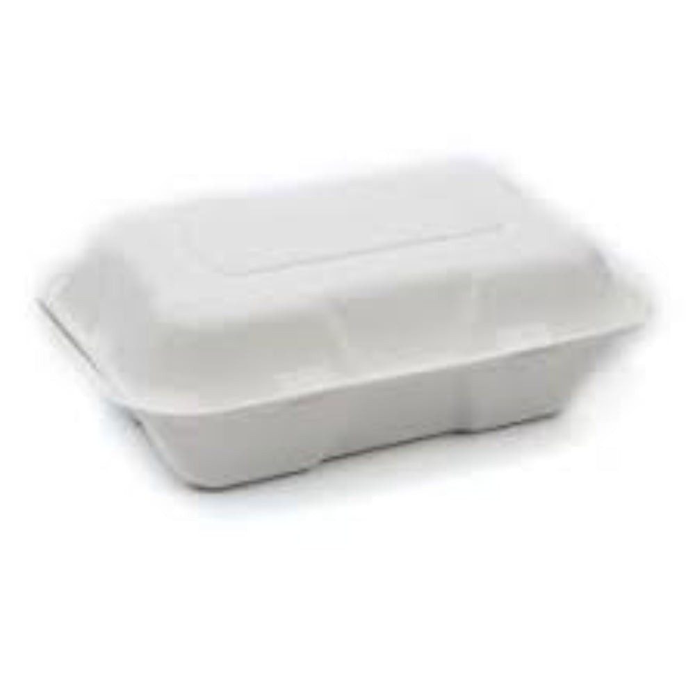 HRD NATURAL L. BAGASSE LUNCH BOX (232X155X78MM/9X6) WHITE HB10 DEEP-50pcs