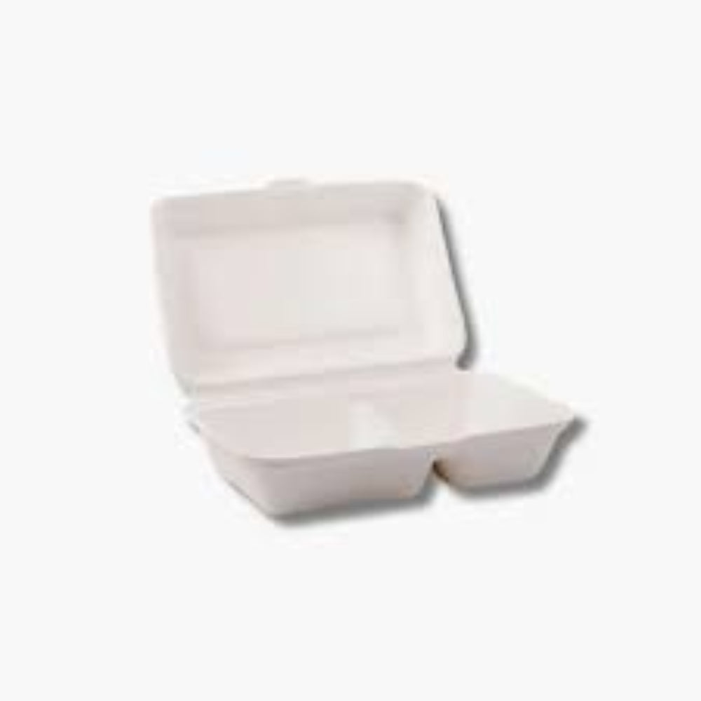 HRD NATURAL L. BAGASSE MEAL BOX 2 COMP (249X162X67MM/9.8X6Inc) WHITE-125PCS