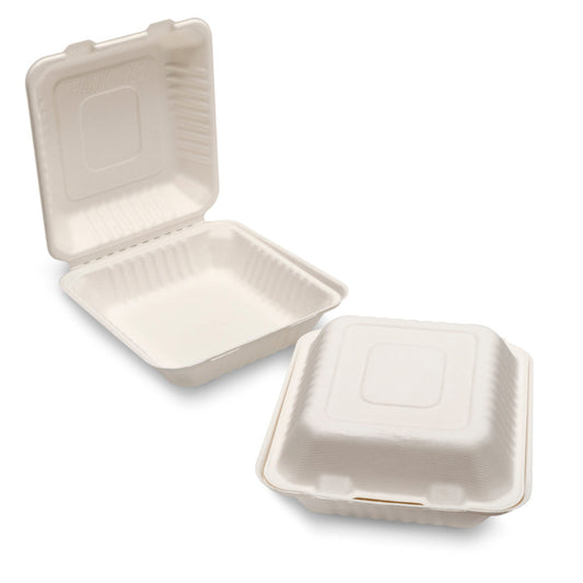 HRD NATURAL L. BAGASSE MEAL BOX (205X205X80MM/8Inc) WHITE-100PCS