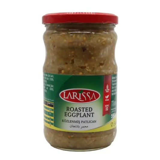 Jar of Larissa roasted eggplant on a white background